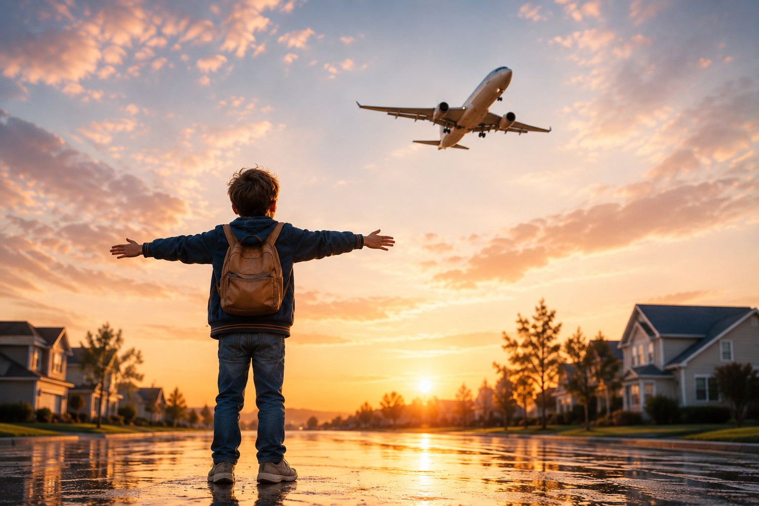 A child on a suburban street watching a plane climb out